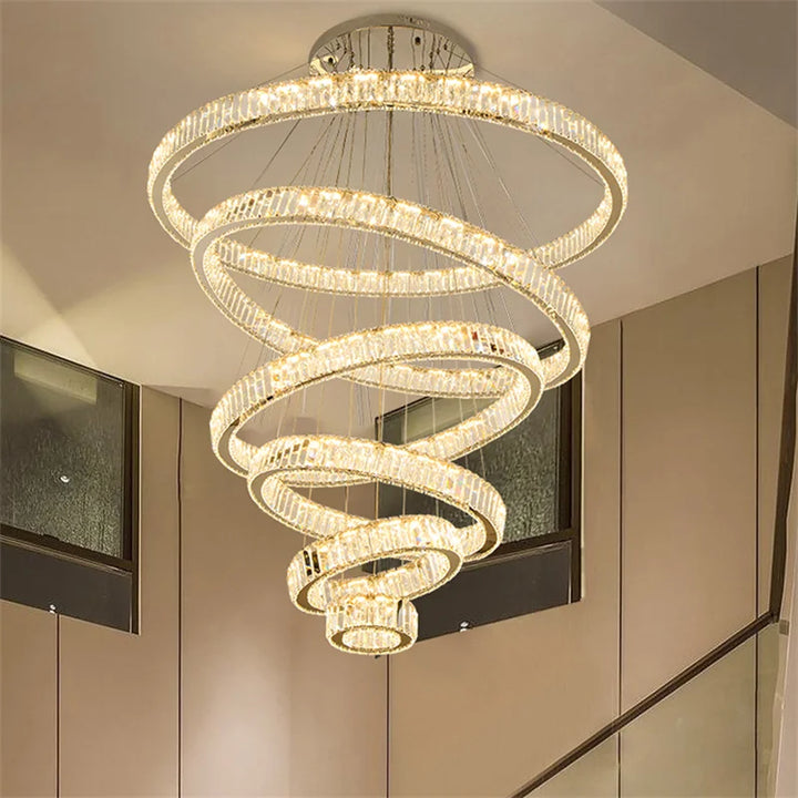 Modern Luxury Crystal Chandelier Circle Rings Staircase Chandelier Living Room Decoration Ceiling Chandelier Led Lighting