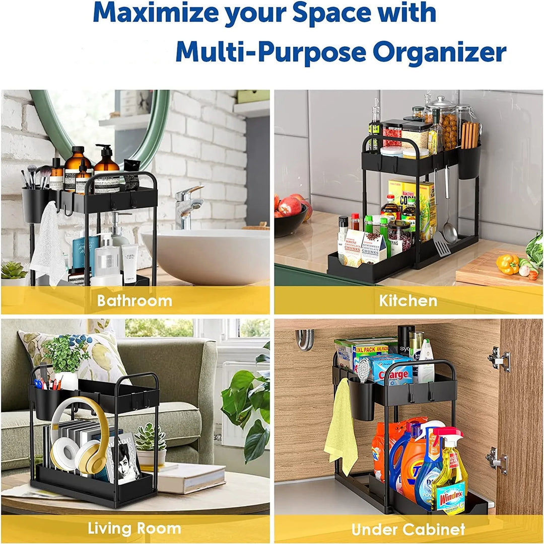 Adjustable Height Under Sink Organizer Sliding Drawer Multi-Purpose Cabinet Organizer with Basket Kitchen Under Sink Organizers