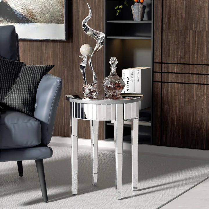 Round Silver Mirrored Accent Table - 2-Tier  with Storage