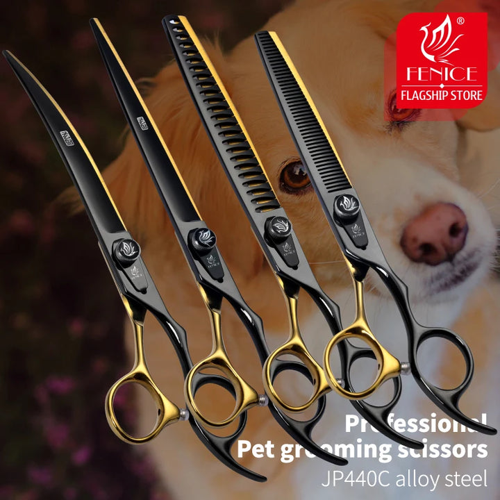 Fenice Pet Professional Dog Grooming Scissors Cutting Curved Thinning Shear Set Japan 440C Scissor Kit for Animal Beauticians