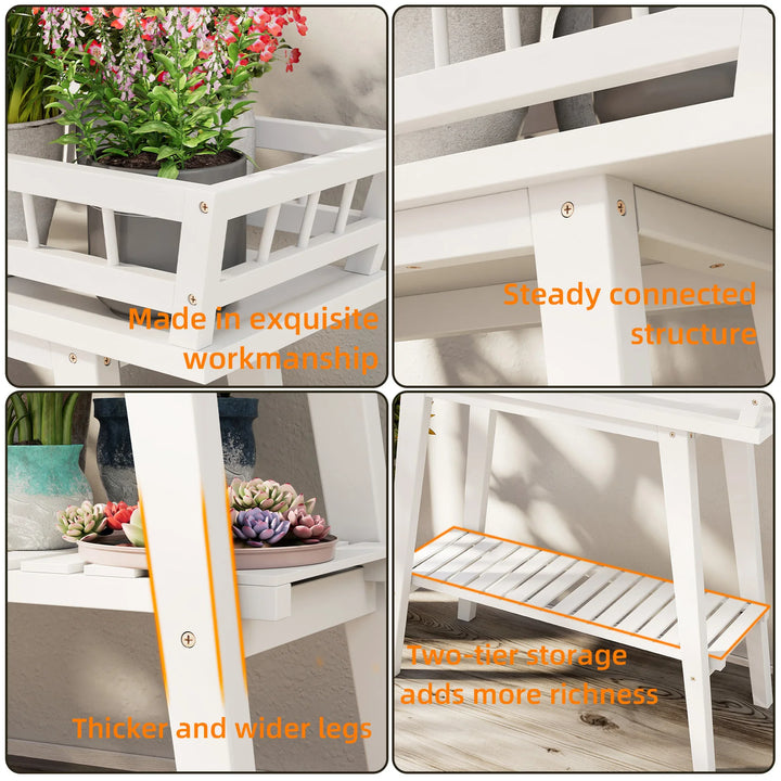 Rectangle Plant Stand White 2-Tier Modern Side Table with Display Shelvings Wood Flower Pot Rack Planter Storage Shelf Holder