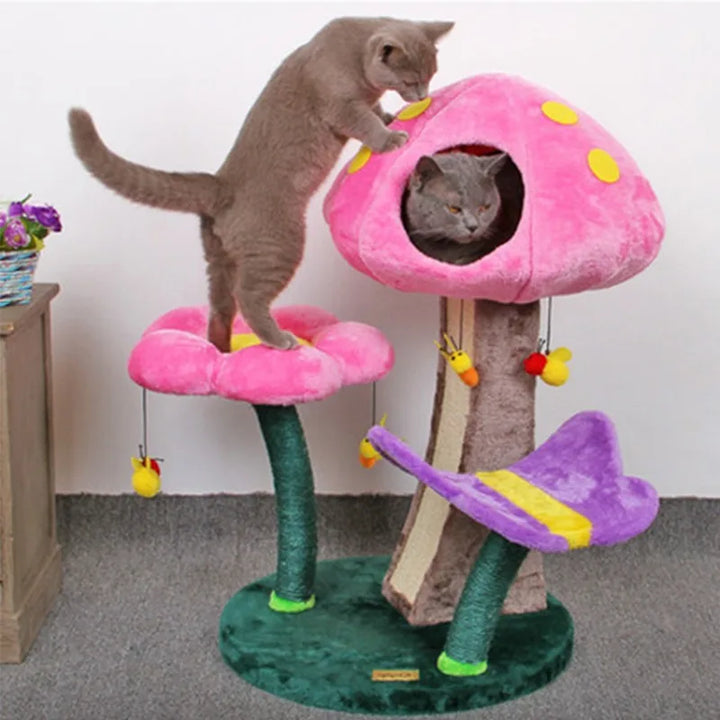 Plush Cat Tree with Flower Mushroom, Safe Comfortable Climbing Tree, Small Mushroom Game, Pet Toys, Fashion Game