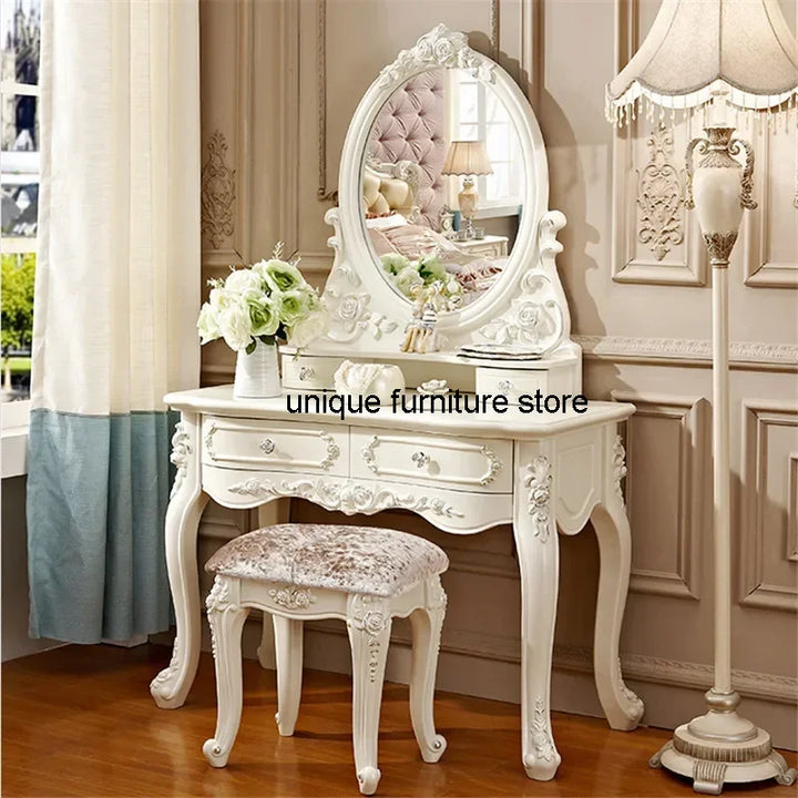 European Dressers Vanity Table Set with Mirror White Makeup Desk with Drawers & Stool - Small Wood Dressing Table for Bedroom