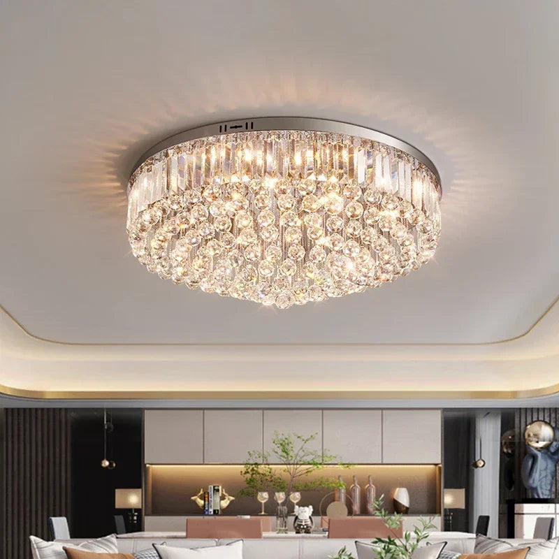 Luxury Crystal Silver LED Ceiling Lights for Dining Room Modern Home Decor New Ceiling Lamp Round Taper Lighting Lustres