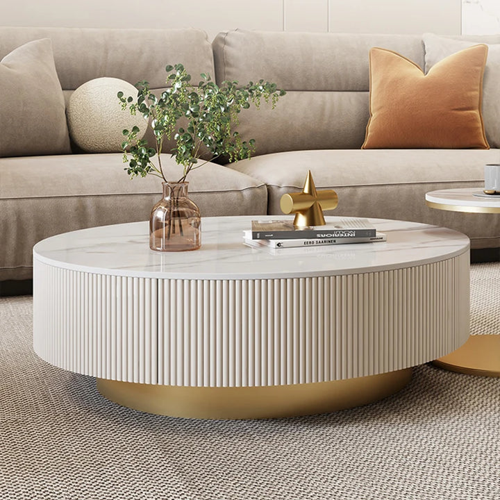 Round Minimalist Coffee / End Table with Gold leg & Storage Drawer