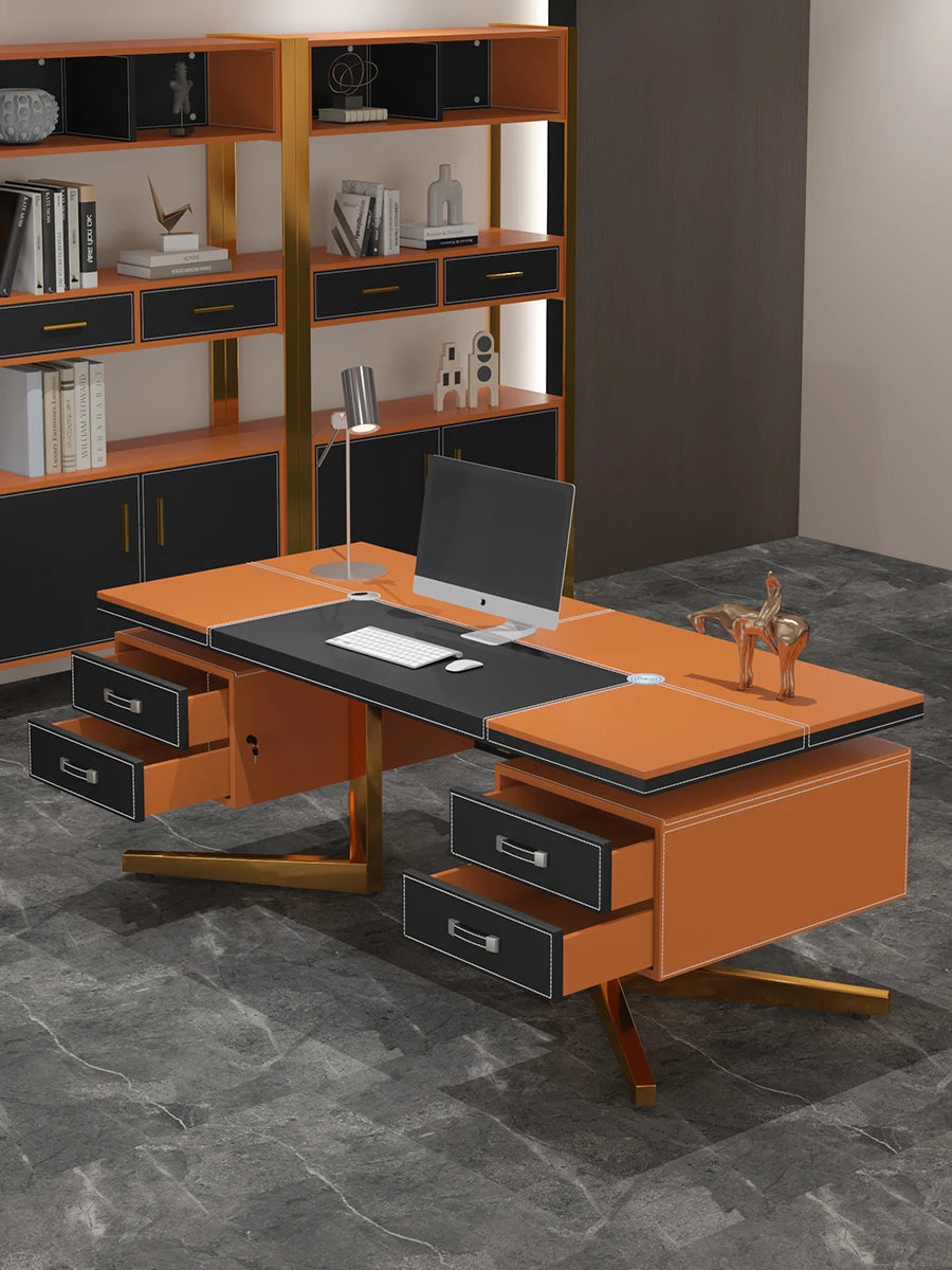 Modern Minimalist Desk Designer Study Home Saddle Leather Writing Desk Luxury Computer Mesa De Escritorio Office Furniture KMOD