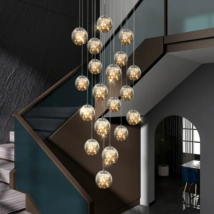 Nordic LED Spiral Staircase Chandeliers Lighting Living Dining Room Villa Hotel Decor Hanging Pendant Lamp Glass Ball Suspension