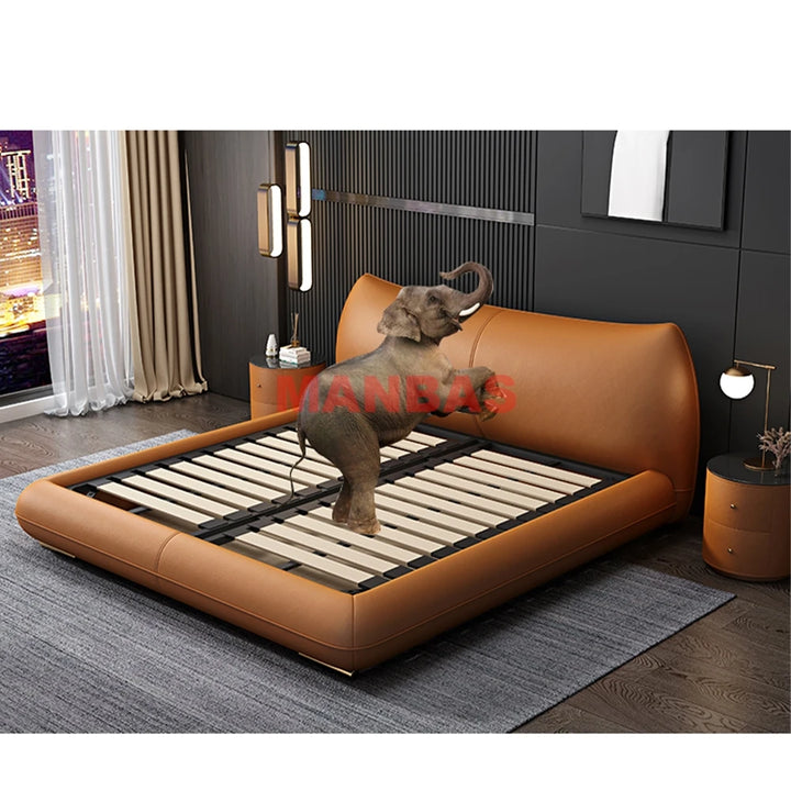 MANBAS Genuine Leather Bed Double Size Rectangle Bed Frame Nordic King/Queen Size Wedding Lits Designer Upholstered Camas