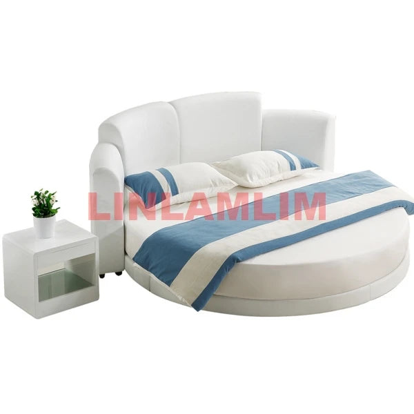 Top Grained Genuine Cow Leather Bed Frame MODERN LUXURY ROUND BEDS  Designer Double Camas Upholstered Lit with Led Lamp