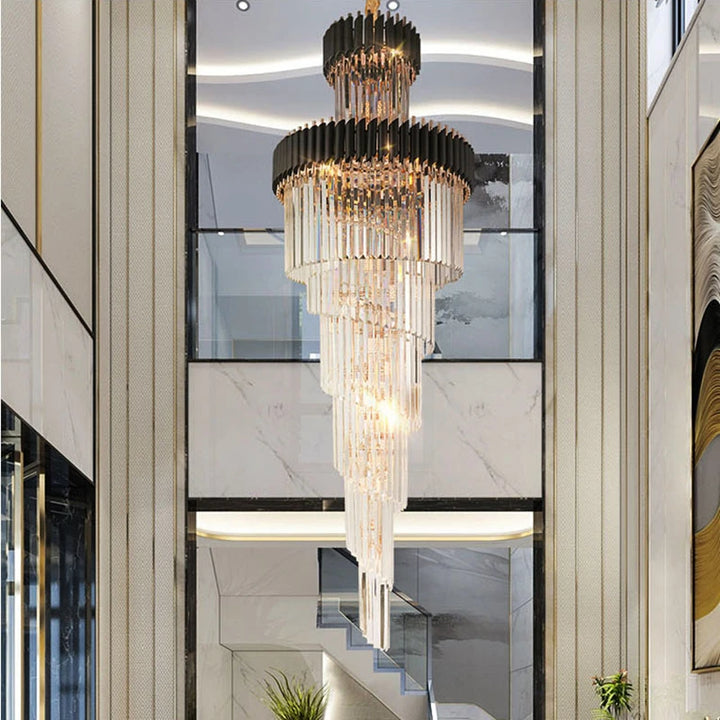 Large LED Luxury Crystal Chandeliers Long Spiral Hanging Pendant Lighting Living Room Villa Stair Suspension Gold Black Lustre