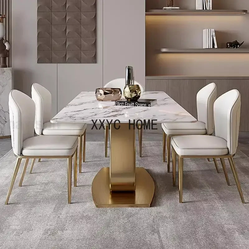 Golden Luxurious Dining Room Sets Steel Base Plate Kitchen Glossy Rock Board Rectangle Table Top Comedor Kitchen Furniture