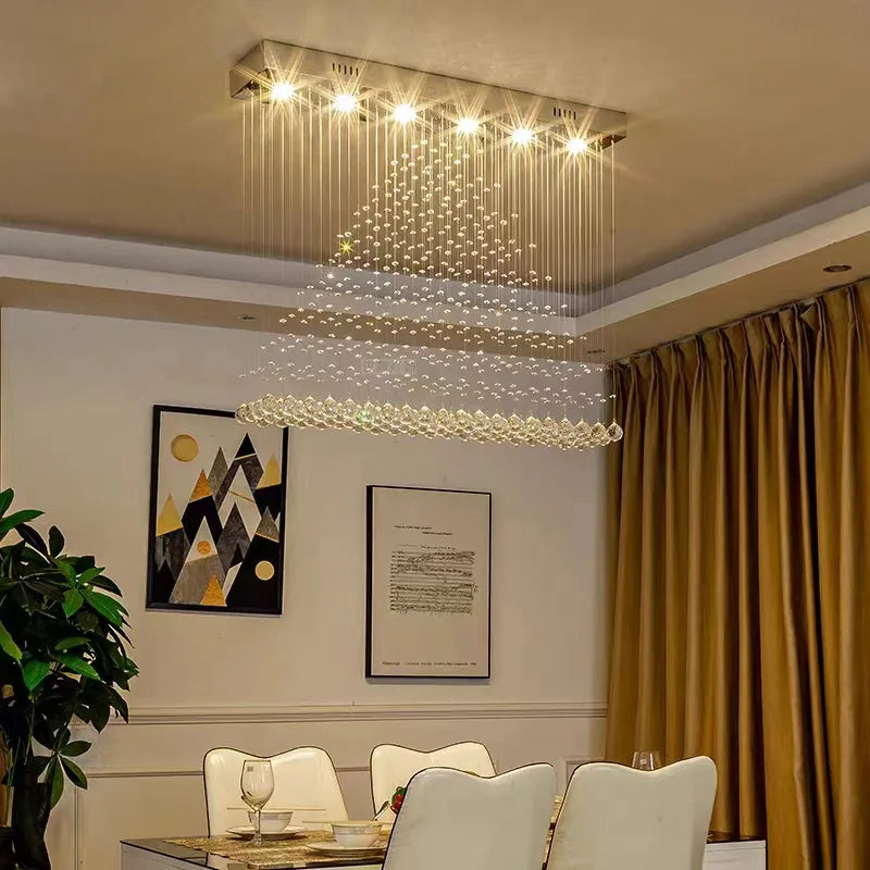 Modern LED Cystal Chandelier Hanging Wire Square Pendant Light Fixture Rain Drop Curtain  Ceiling Lamp Lighting 100CM