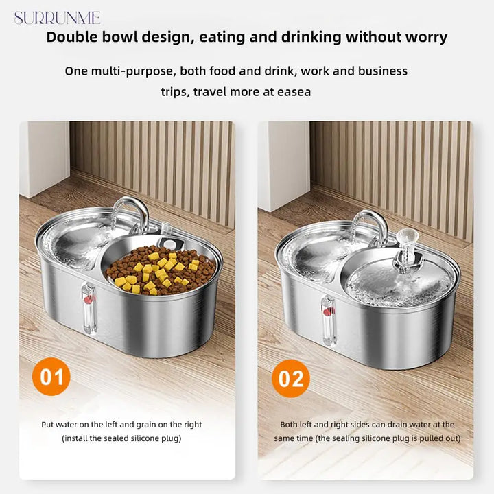 Dual-Bowl Pet 3L Water Fountain/ Food Bowl: Stainless Steel Automatic Cat Dog Water Dispenser with Convertible Food Bowl - 2-in-1 Design