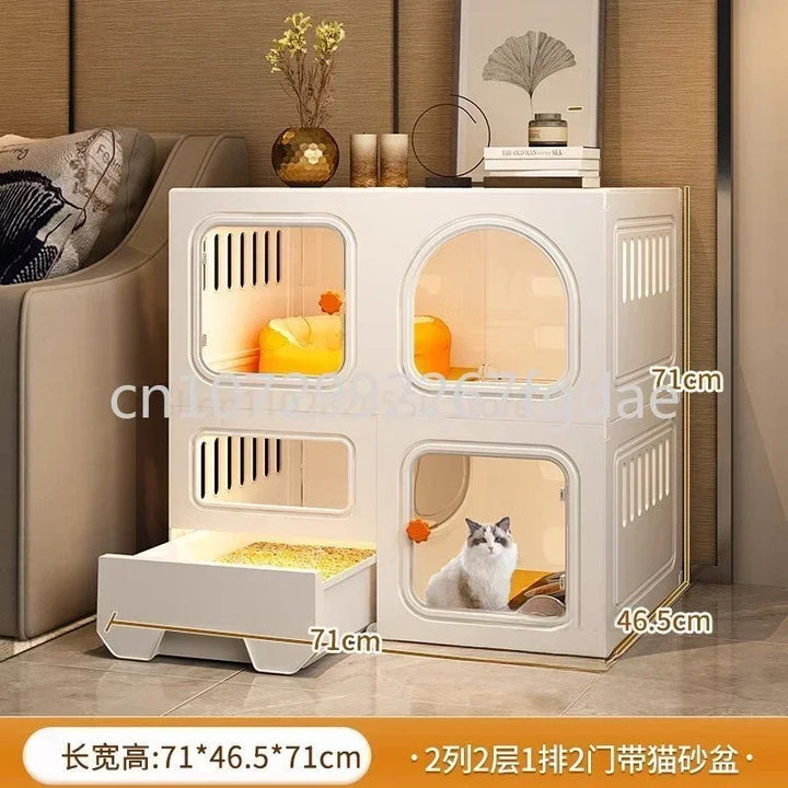 Integrated Transparent Villa with Cat Cage and Manure Box, Indoor Cat Fence, Cat Cabinet with Enclosed Bathroom, Pet House