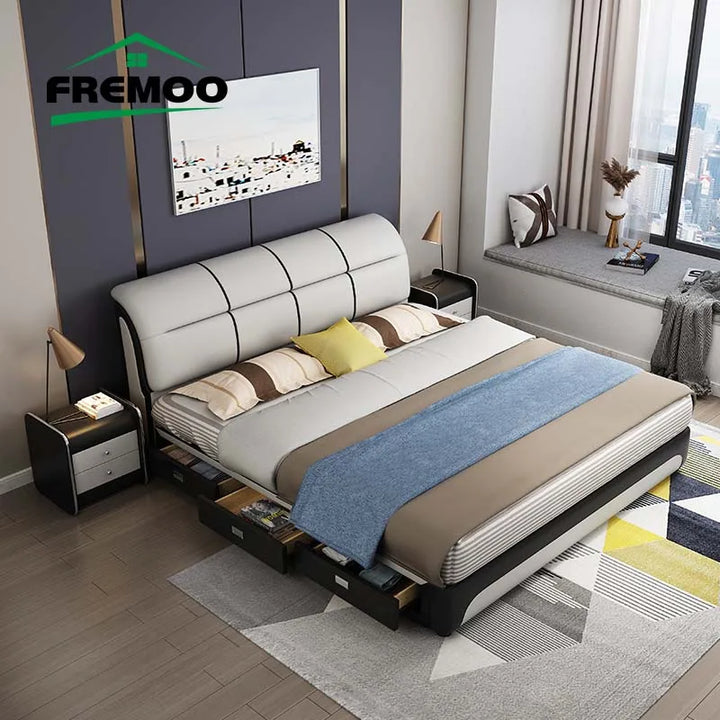 Double Bed Modern Simple Bedroom Furniture Comfortable Soft Bed High Quality Genuine Leather Villa Furniture