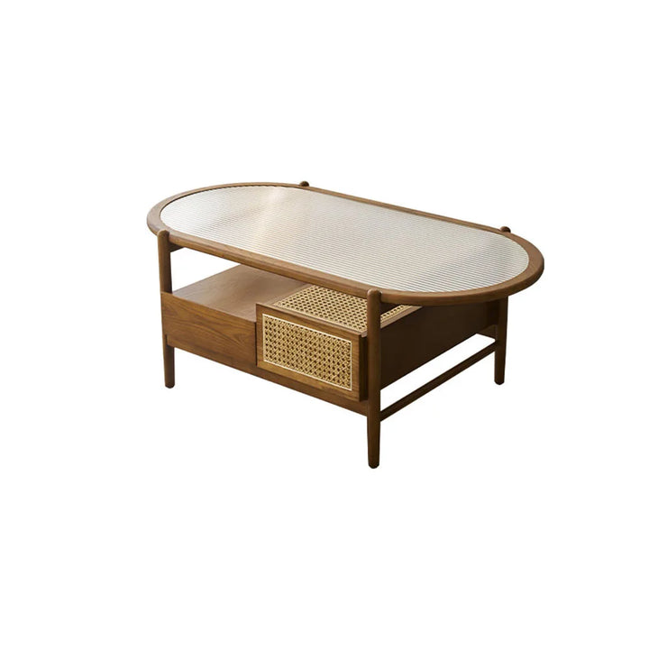 New Living Room Tea Table Oval Japanese Tea Table Household Mortise And Tenon Structure Ash Wood Rattan Woven Solid Safe Odor