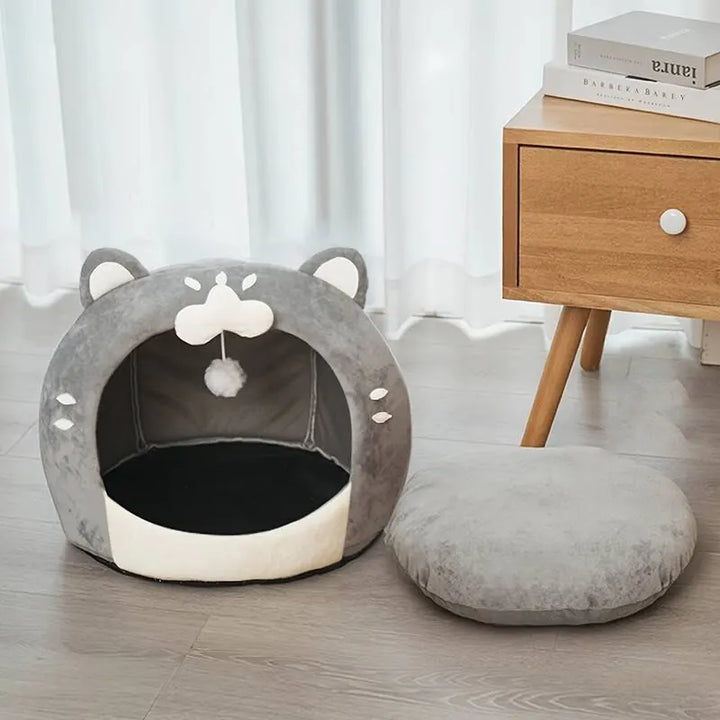 Autumn Winter Warm Comfy PP Cotton Cat Bed Adorable Pet House Cozy Cat-Shaped Soft Pet Bed House with Cushion for Small Dogs Cat