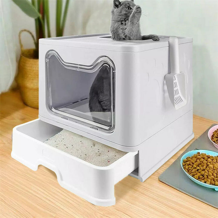 Front-Entry Top-Exit Foldable Cat Litter Box with Lid &  Plastic Scoop for Large Kitty