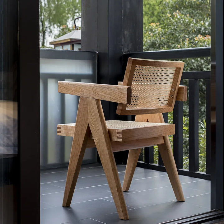 Modern Jeanneret Dining Chair Armchair with Cane Seat and Back Dining Room Funiture with Solid Cherry/Oak Wood Chair For Kitchen