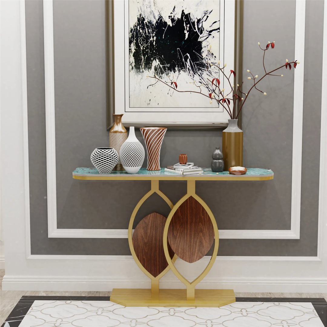 Contemporary Gold Console Table  Geometric Metal Base Hallway Furniture