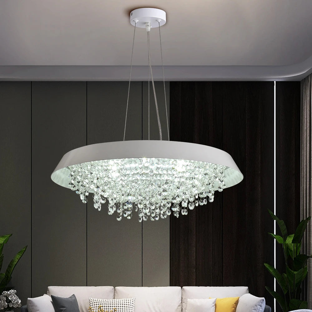 Modern LED Crystal Chandeliers Round Hanging Pendant Lights Living Dining Room Kitchen Cristal Suspension Lighting Fixture White