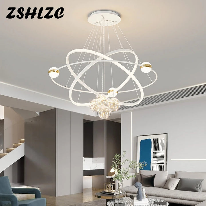 Modern Round Rings Led Chandelier Home Lighting Ceiling Mounted For Living Room Bedroom Hanging Lamp Gold&White Color Light 220V