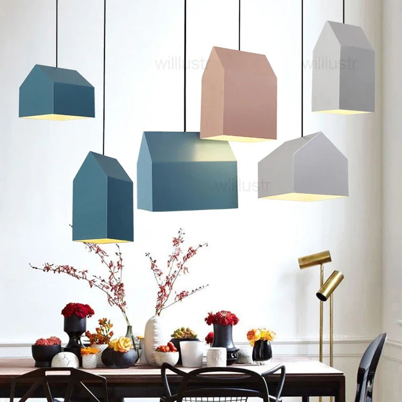 Nordic House Metal Pendant Lamp Home Dinning Room Ceiling Chandelier Pink Blue White Minimalist Hanging Suspension Lighting