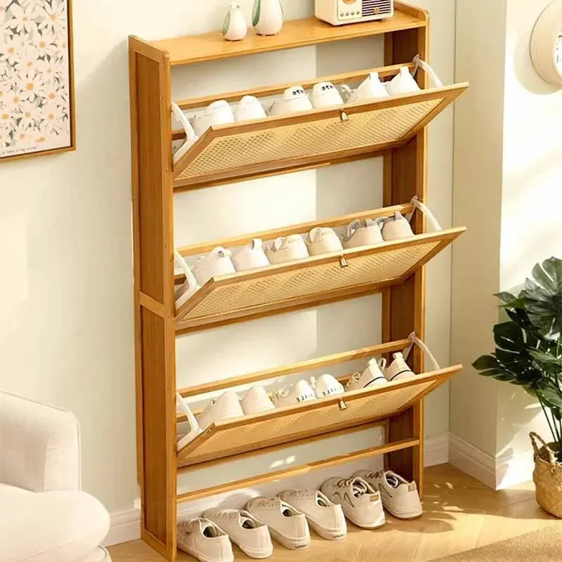 Multilayer Wooden Shoe Cabinets Vertical Ultra Thin Luxury Balcony Saving Space Shoe Rack Dust Proof Home Entryway Furniture