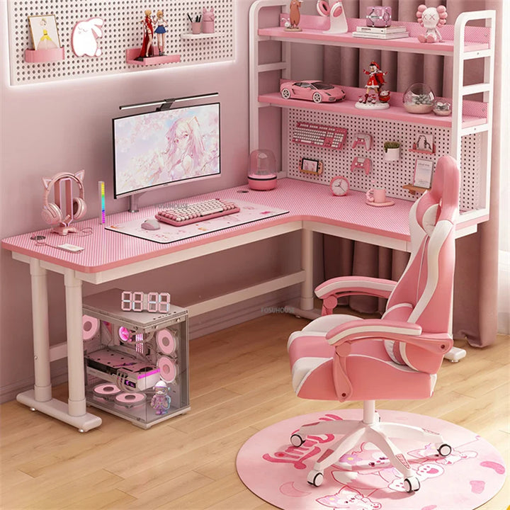 Corner Desktop Computer Desk Bookshelf Integrated Office Furniture Carbon Fiber Computer Table Pink Gaming Desk Girls Study Desk