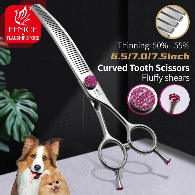 Fenice JP440C 6.5/7/7.5 inch Pet Scissors Grooming Curved Thinner Shears Trimmers for Dogs Fluffy Traceless Thinning Rate 50-55%