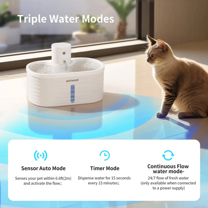 Petwant Custom 2.5L Cordless Cat Drinking Fountain Infrared Sensor 3 Flow Modes Automatic Pet Water Dispenser