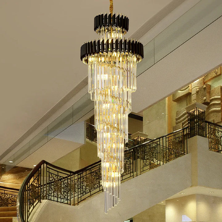 Large LED Luxury Crystal Chandeliers Long Spiral Hanging Pendant Lighting Living Room Villa Stair Suspension Gold Black Lustre