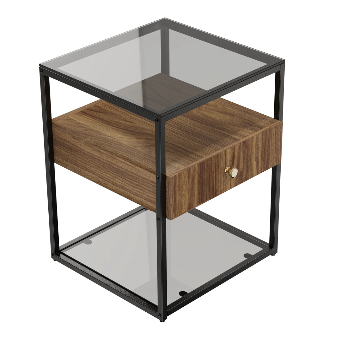 Tempered Glass Nightstand Side Table with Drawer and Shelf