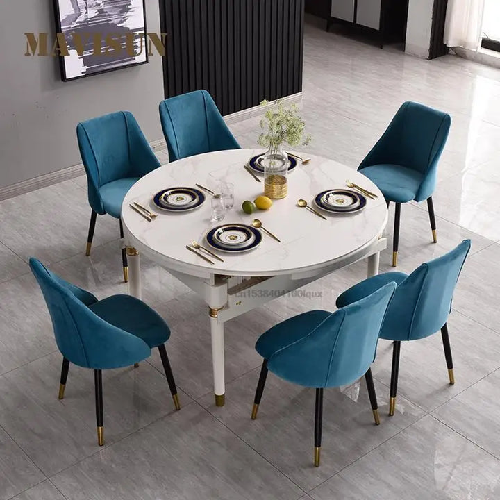 Loft Restaurant Rock Slab Retractable Dining Table And Chair Combination Multifunctional Kitchen Folding Solid Wood Round Table