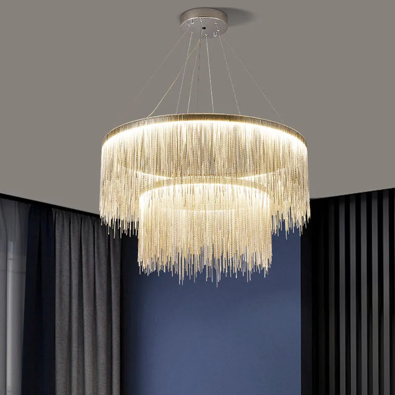 Nordic LED Aluminum Tassel Chandeliers Waterfall Hanging Lighting Living Room Hotel Hall Villa Art Decor Pendant Light Dimmable