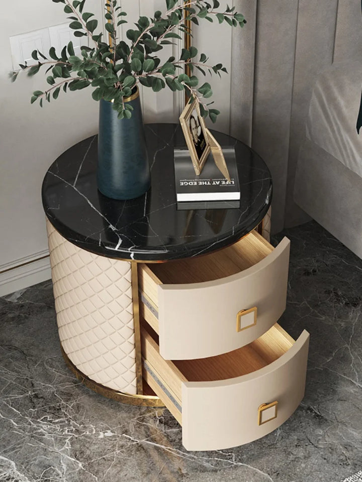 Light luxury round bedside table modern simple solid wood marble night stand  American high-end Italian storage cabinet