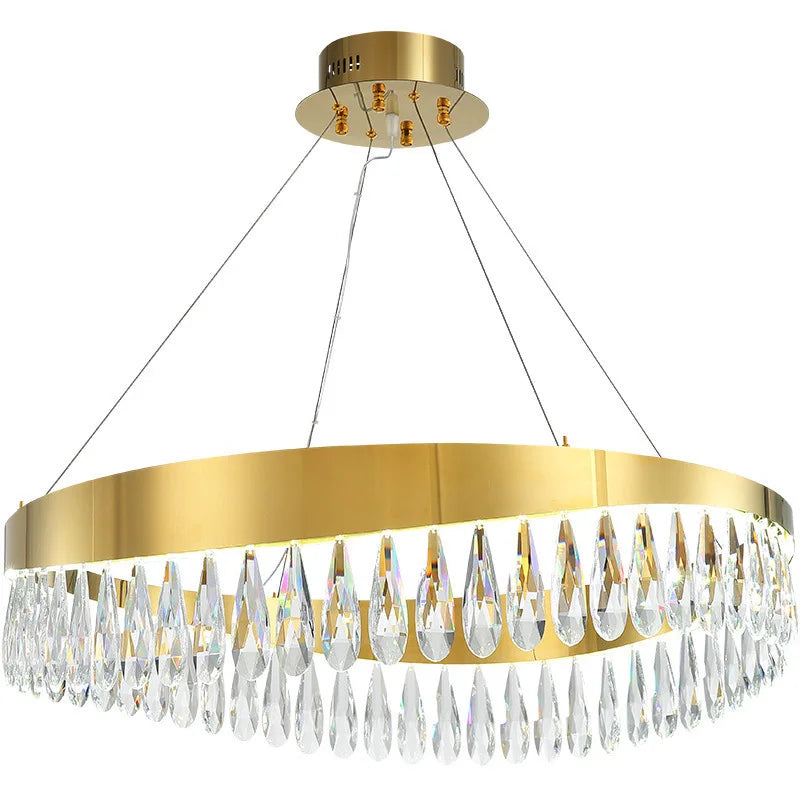 LED Modern Water Drop Crystal Stainless Steel Chandelier Lustre Golden Round Pendant Light Home Decor Hanging Lamps For Ceiling