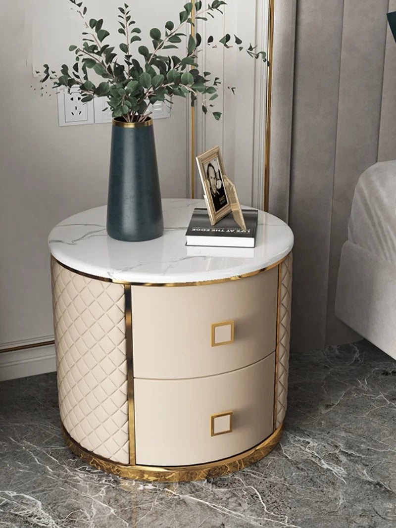 Light luxury round bedside table modern simple solid wood marble night stand  American high-end Italian storage cabinet