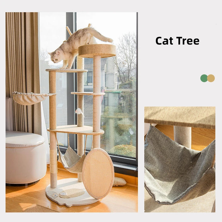 Cat Tree House Wooden Cat Towers Condo Pet Furniture Spacious Sleep Bed for Cat Hammock Sisal Scratching Posts and Cat Toy Balls