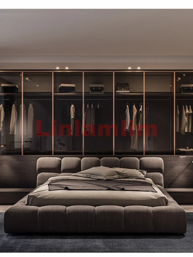 Linlamlim Fabric Cloth Bed Double Size Soft Rectangle Bed Frame Nordic King/Queen Size Wedding Lits Designer Upholstered Camas