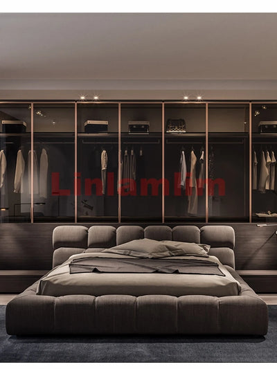 Linlamlim Fabric Cloth Bed Double Size Soft Rectangle Bed Frame Nordic King/Queen Size Wedding Lits Designer Upholstered Camas