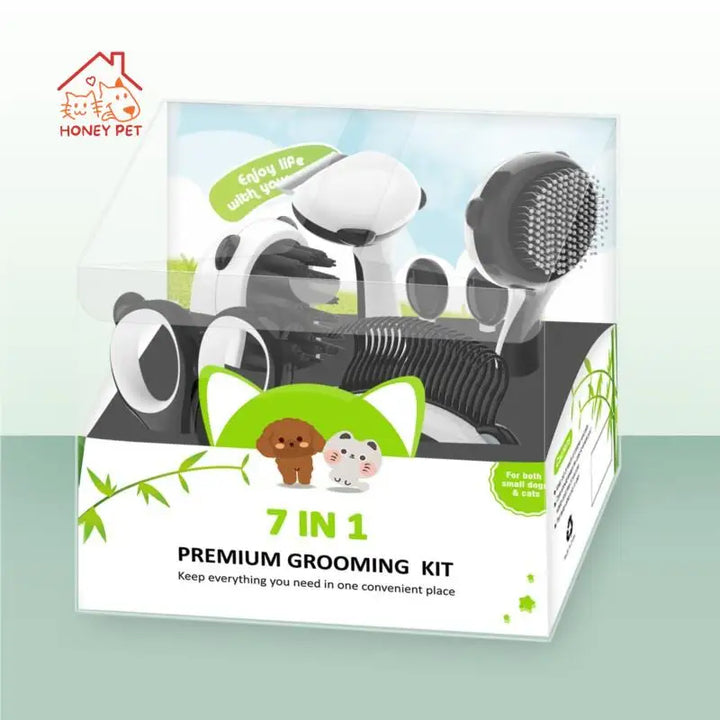 Pet Comb Shower Brush Panda Design Hair Removal Comb Nail Clipper Dog Hair Brush Cat Hair Comb 7-in-1 Set Almighty PVC Packaging