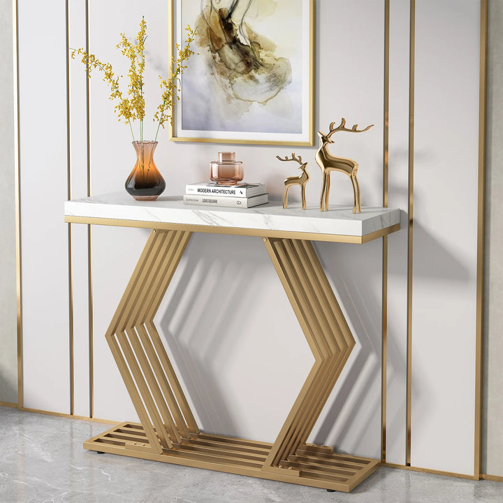 Tribesigns 42 inches Modern Gold Console Table with Geometric Metal Base, White Faux Marble Narrow Entryway Table Foyer Table