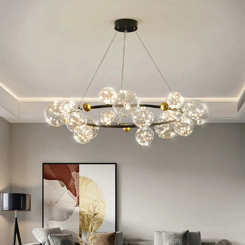 Modern Creative Chandelier Circle Lights Clear Glass Ball Ceiling Hanging Lamp Romantic Star Living Room Decor Led Lighting Gold