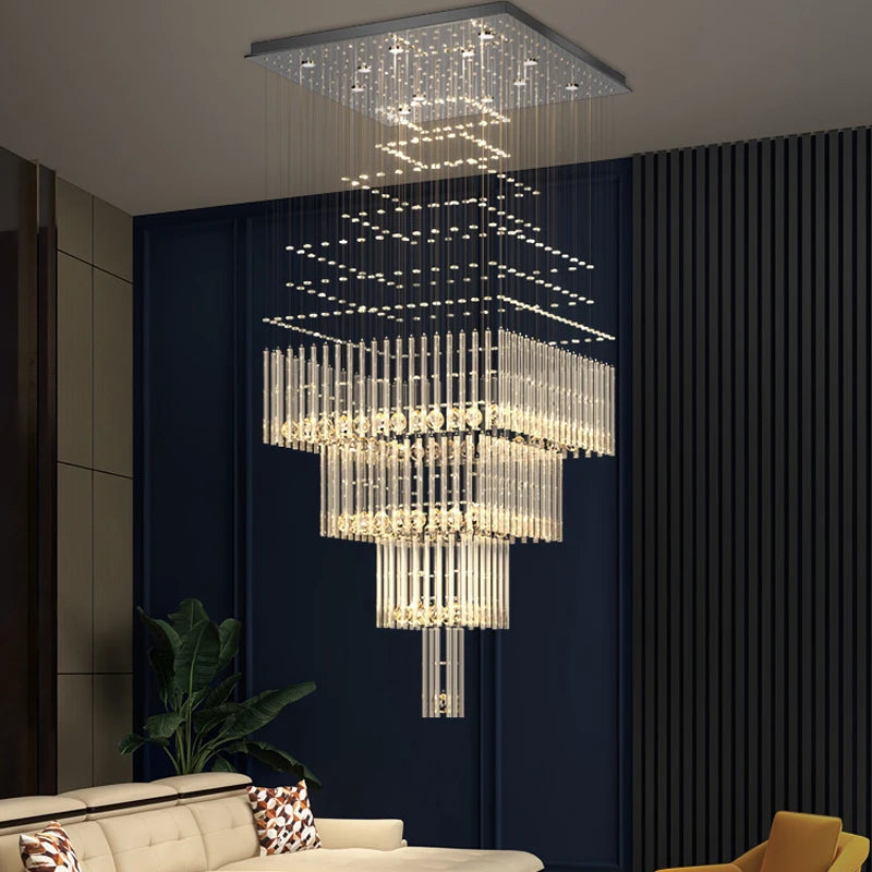 Modern Ceiling Chandelier For Living Room Columnar Crystal Hanging Lamp Square Base Light Fixture Staircase Loft Cristal Lustre