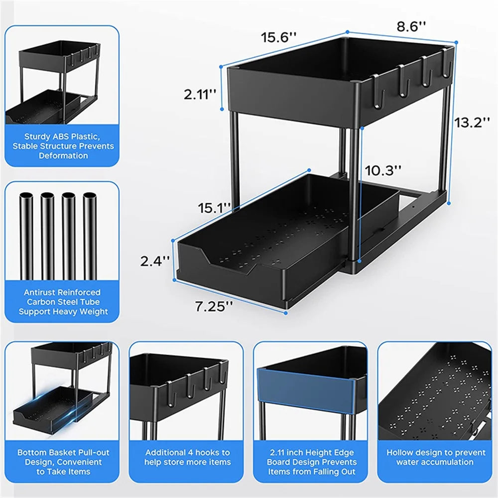 Kitchen Under Sink Organizer Storage Rack  2 Tier Shampoo Detergent Cabinet Spices Rack Bathroom Cosmetics Storage