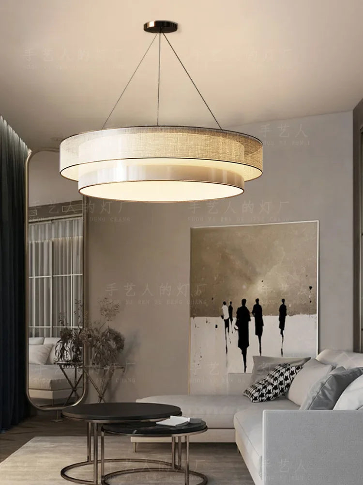 New Chinese Style Circular Chandelier Living Room Bedroom Study Dining Room Lamp Zen Room Engineering Fabric Lighting Fixtures