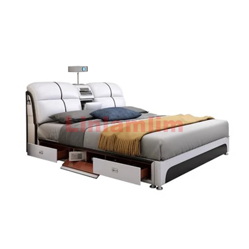 MINGDIBAO Tech-Smart Multifunctional Bed Genuine Leather Ultimate Camas Tatami Lit with Massage, Projector, Air Purifier,Speaker