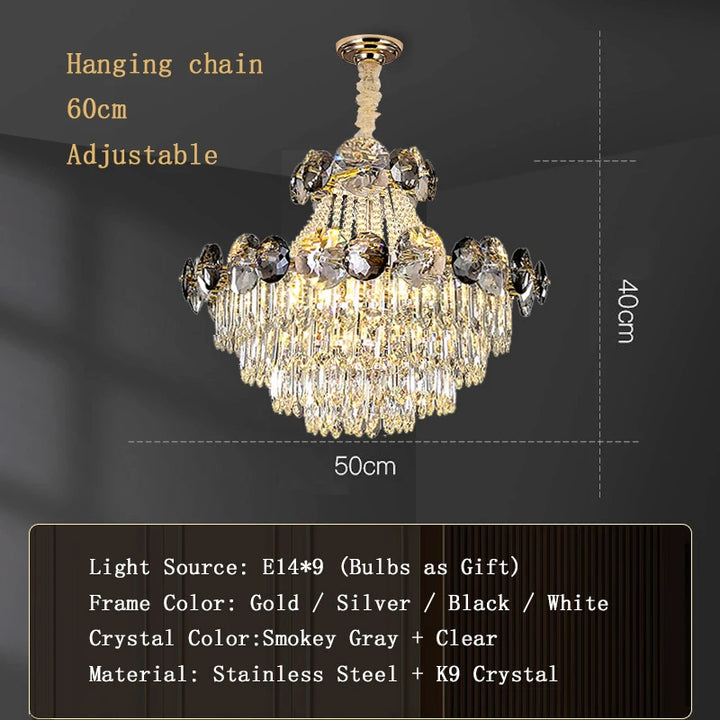 Smokey Gray Crystal Luxury LED Ceiling Chandeliers for Living Room Decor 2023 New Lamps for Ceiling Modern Home Lighting Lustre