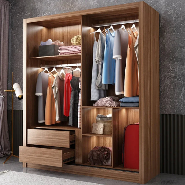 Simple Modern Organizer Wardrobe Clothes Wooden Bedroom Nordic Wardrobe Glass Sliding Door Hanger Rail Ropero Household Items